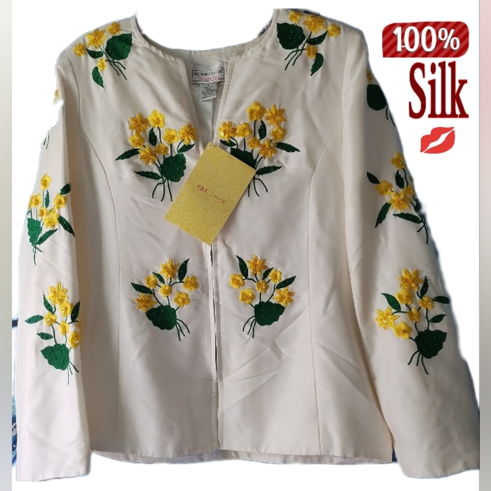 NWT VICTOR COSTA COLLECTION Floral Embroidered 100% Silk Jacket SZ S